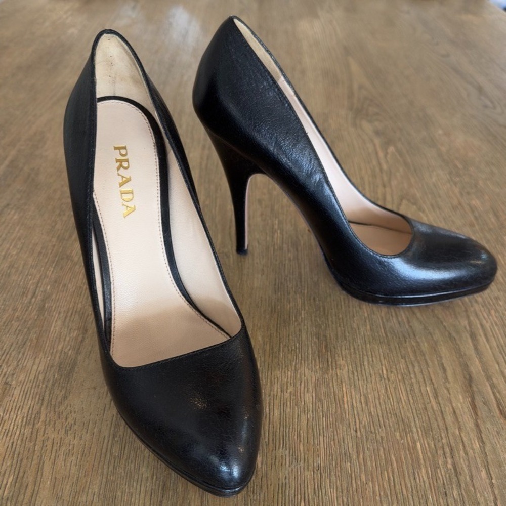 PRADA 120mm Saffiano Pumps-Italian Designer Black Round Toe High Heels-Sz US 8.5